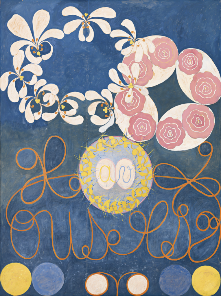 HILMA AF KLINT Los diez mayores, Niñez, Serie sin título, Grupo IV (De tio största, Barnaåldern, Saknar seriebeteckning, Grupp IV), n.º 1, 1907 Témpera sobre papel, montado sobre lienzo 322 x 239 cm Cortesía The Hilma af Klint Foundation, Estocolmo, HaK 102 ©The Hilma af Klint Foundation, Bilbao 2024.