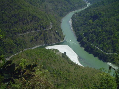 Aerial View of Teesta River. Life-line of Darjeeling and Sikkim districts.