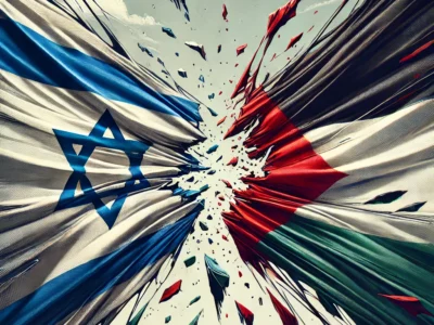 DALL·E 2024-10-07 21.21.46 - An illustration of Israeli and Palestinian flags, both stretched to their limits, with visible tension. The fabric of the flags is beginning to tear a