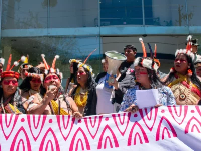 Waorani leaders visit the Constitutional Court in Quito to demand the government respect the referendum result in August 2024.