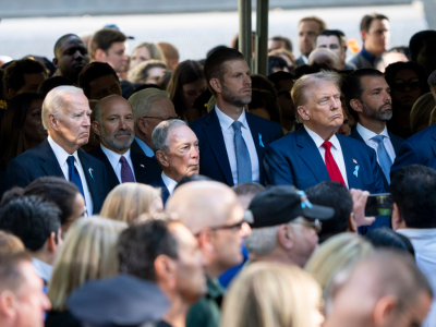 From the left, U.S. Vice President Kamala Harris, U.S. President Joe Biden, former NYC Mayor Michael Bloomberg, former U.S. President Donald Trump and U.S. Sen. J.D. Vance, attend the 9/11 Anniversary Remembrance Ceremony at Ground Zero in New York City on September 11, 2024.